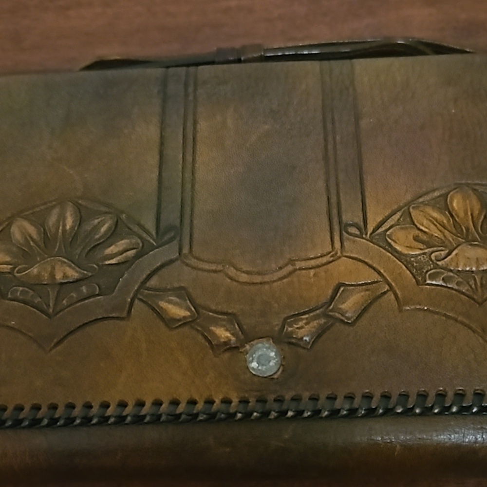 Antique Art Nouveau Tooled Floral Leather Expandable Wallet Clutch Bag - Picture 4 of 16